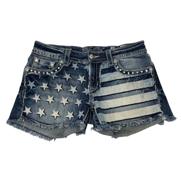 Miss Me American Flag Stars Stripes Shorts Blue Denim Cut Off Rhinestone Size 29 - Picture 1 of 12